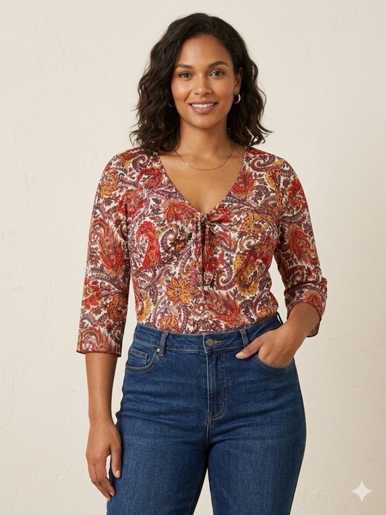 Millenium Tops - Paisley Tie-Front V-Neck Blouse in Rust Multi